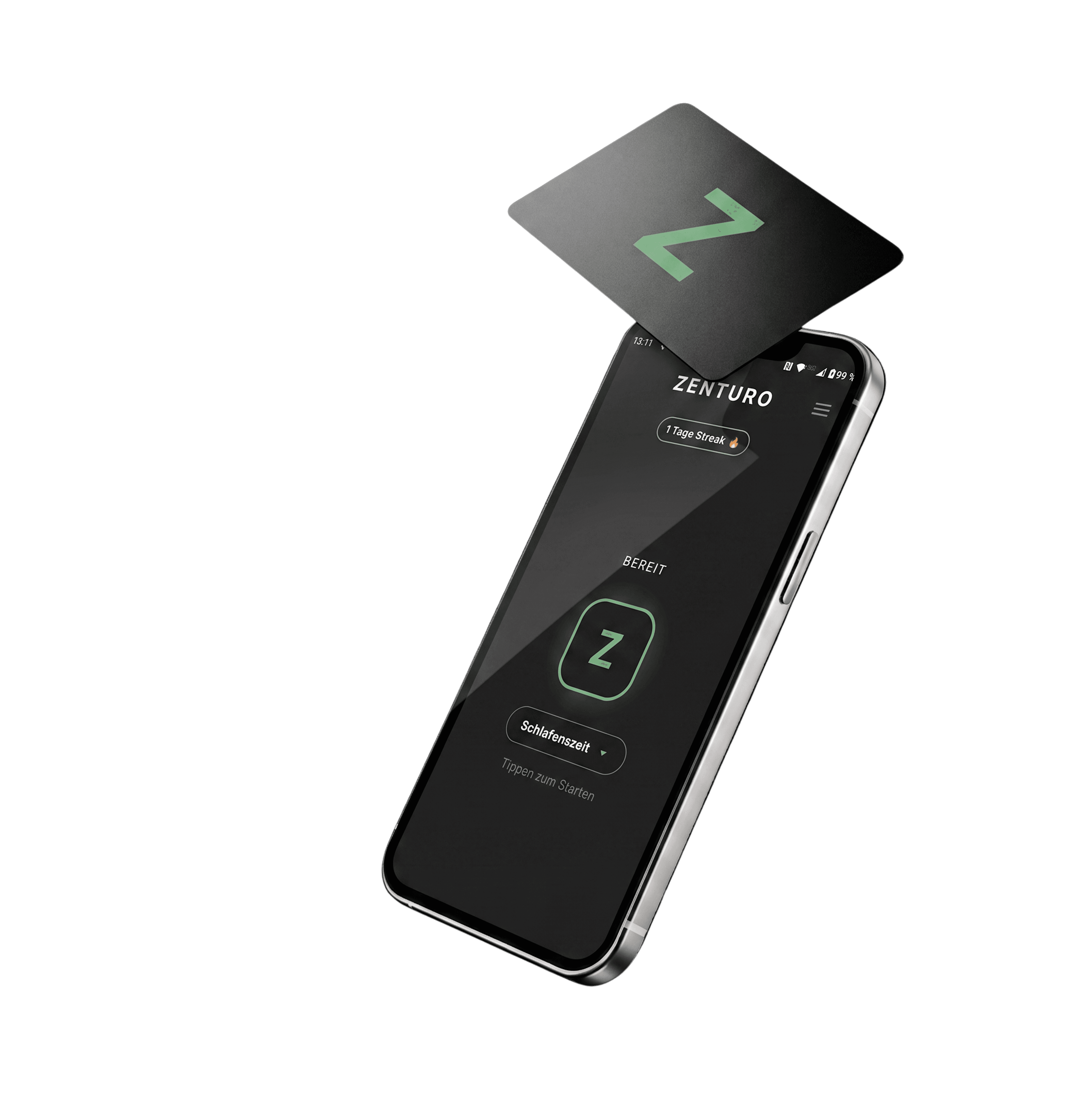 Zenturo-Karte tippt an ein Smartphone mit geöffneter Zenturo-App